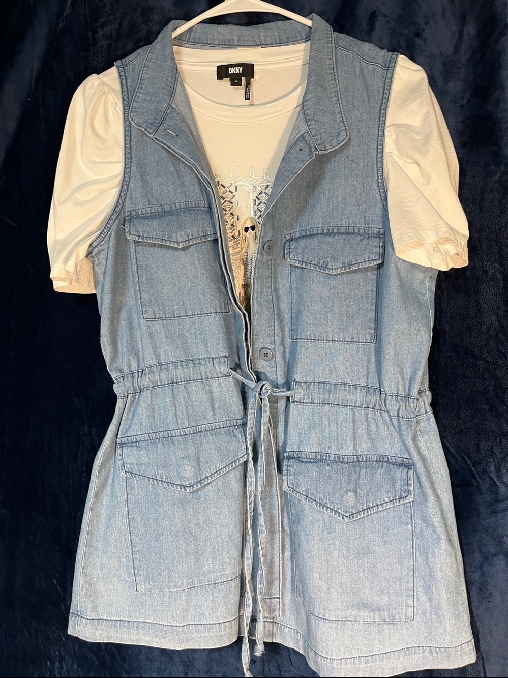 Faded Glory Light Wash Sleeveless Denim Drawstring Vest